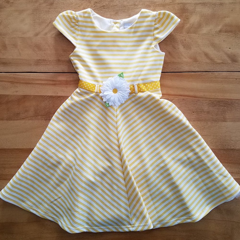 Girls Yellow Striped Spring Dress with Daisy - 6X